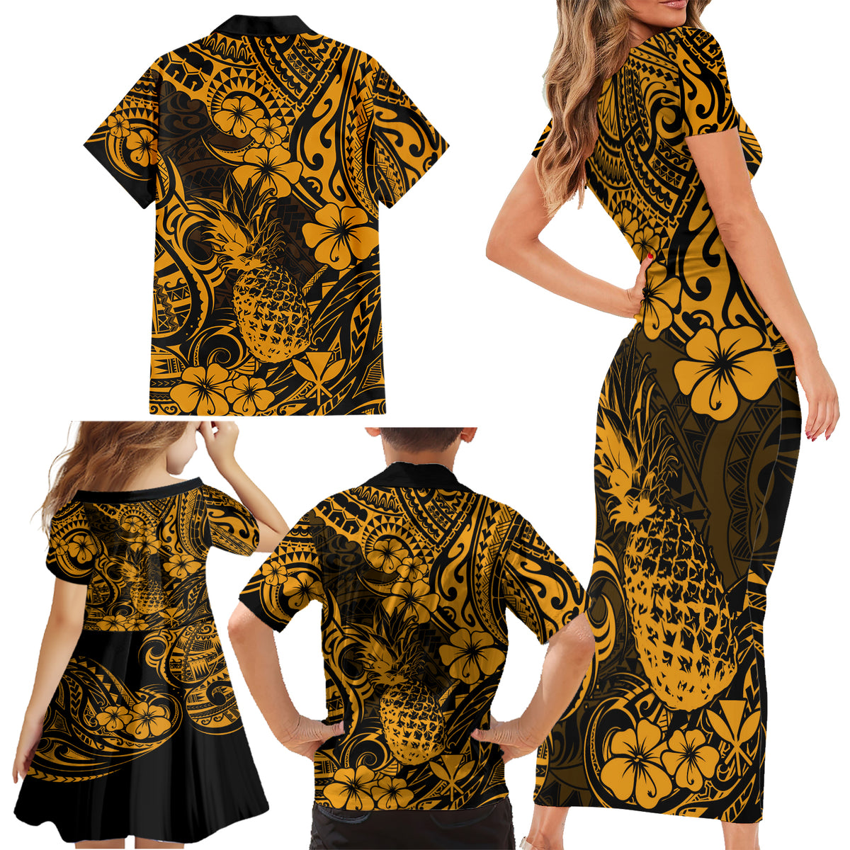 Hawaii Pineapple Family Matching Short Sleeve Bodycon Dress and Hawaiian Shirt Paradise Flowers Pacific With Gold Polynesian Tribal - Wonder Print Shop