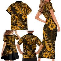 Hawaii Pineapple Family Matching Short Sleeve Bodycon Dress and Hawaiian Shirt Paradise Flowers Pacific With Gold Polynesian Tribal - Wonder Print Shop