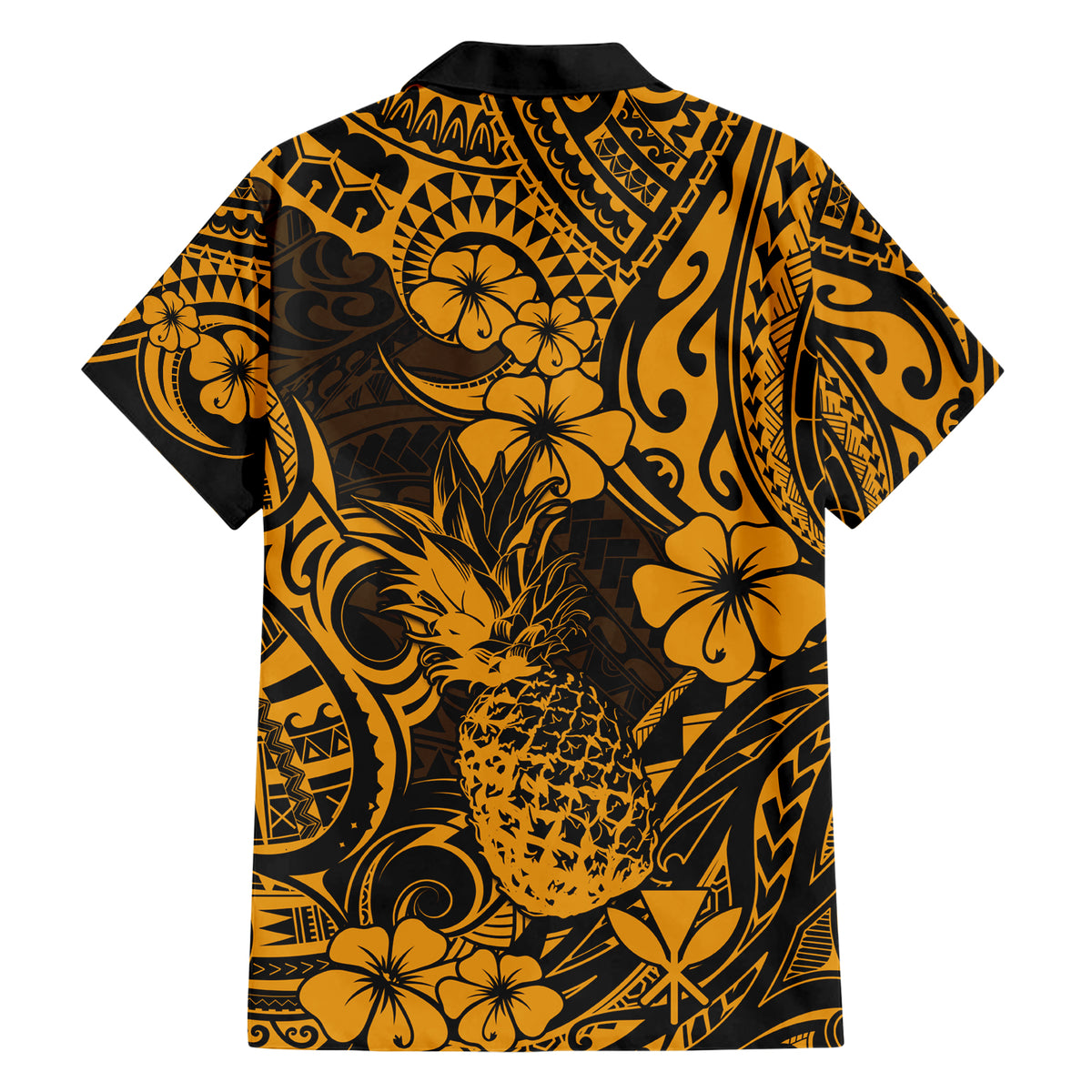 Hawaii Pineapple Family Matching Short Sleeve Bodycon Dress and Hawaiian Shirt Paradise Flowers Pacific With Gold Polynesian Tribal - Wonder Print Shop