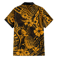 Hawaii Pineapple Family Matching Short Sleeve Bodycon Dress and Hawaiian Shirt Paradise Flowers Pacific With Gold Polynesian Tribal - Wonder Print Shop