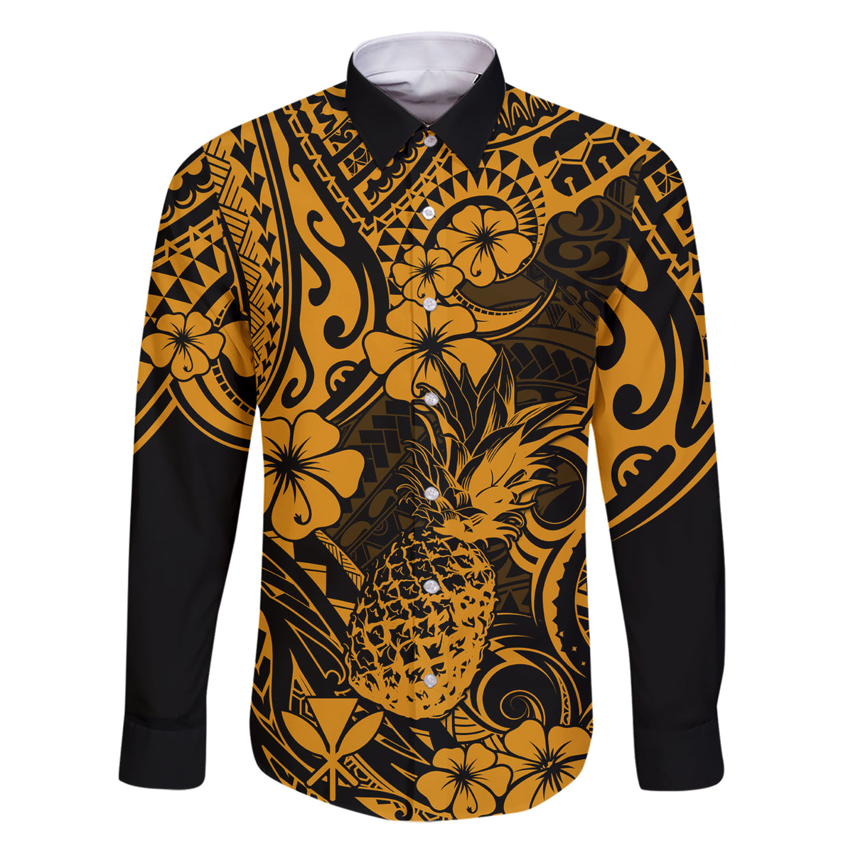 Hawaii Pineapple Family Matching Short Sleeve Bodycon Dress and Hawaiian Shirt Paradise Flowers Pacific With Gold Polynesian Tribal - Wonder Print Shop