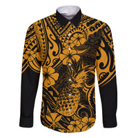 Hawaii Pineapple Family Matching Short Sleeve Bodycon Dress and Hawaiian Shirt Paradise Flowers Pacific With Gold Polynesian Tribal - Wonder Print Shop