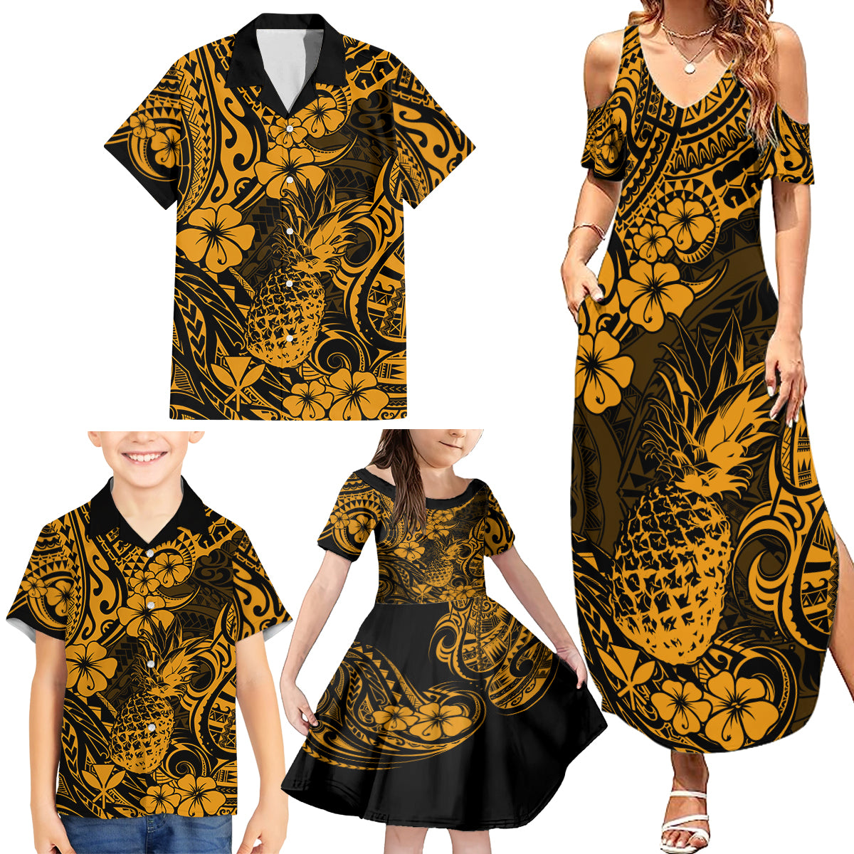 Hawaii Pineapple Family Matching Summer Maxi Dress and Hawaiian Shirt Paradise Flowers Pacific With Gold Polynesian Tribal - Wonder Print Shop