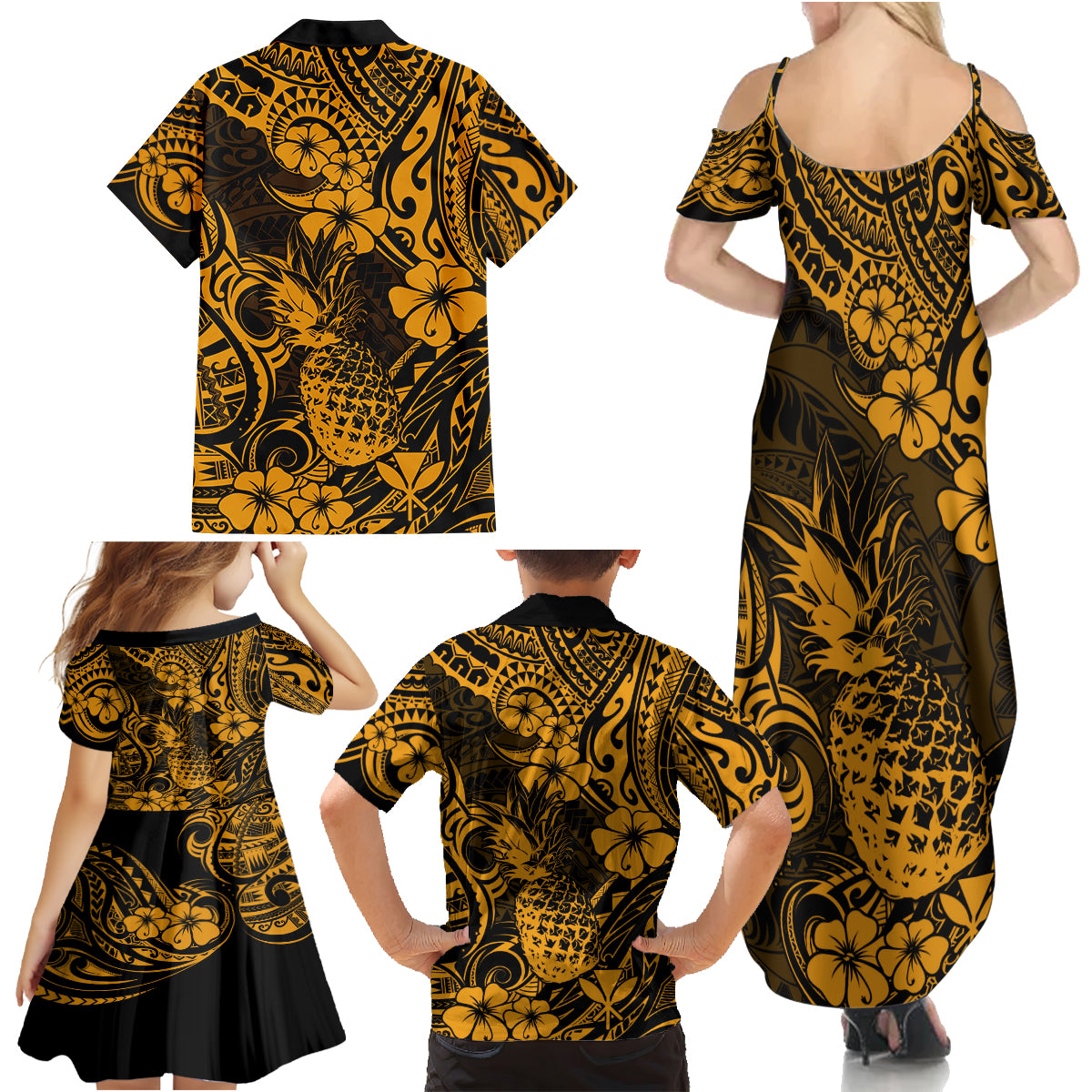 Hawaii Pineapple Family Matching Summer Maxi Dress and Hawaiian Shirt Paradise Flowers Pacific With Gold Polynesian Tribal - Wonder Print Shop