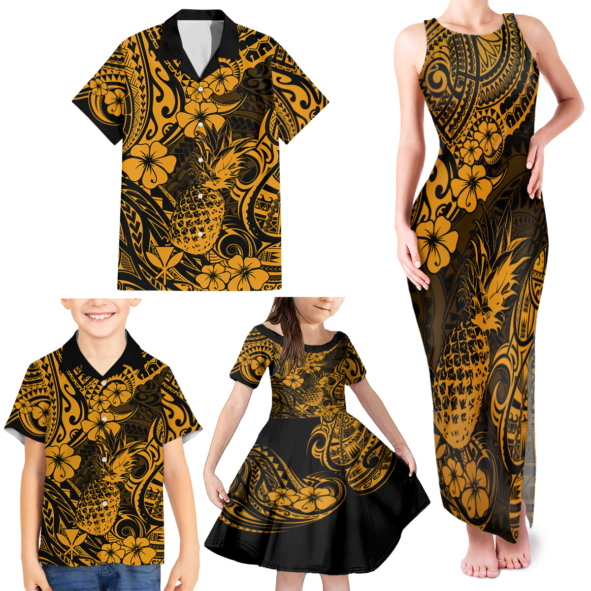 Hawaii Pineapple Family Matching Tank Maxi Dress and Hawaiian Shirt Paradise Flowers Pacific With Gold Polynesian Tribal - Wonder Print Shop