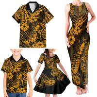 Hawaii Pineapple Family Matching Tank Maxi Dress and Hawaiian Shirt Paradise Flowers Pacific With Gold Polynesian Tribal - Wonder Print Shop