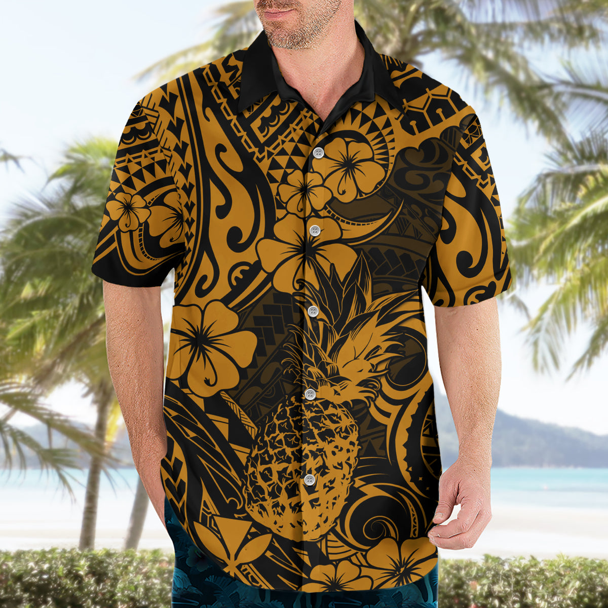 Hawaii Pineapple Hawaiian Shirt Paradise Flowers Pacific With Gold Polynesian Tribal - Wonder Print Shop