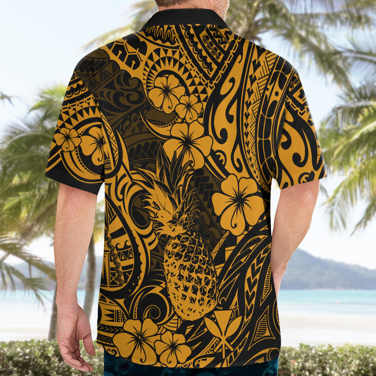 Hawaii Pineapple Hawaiian Shirt Paradise Flowers Pacific With Gold Polynesian Tribal - Wonder Print Shop