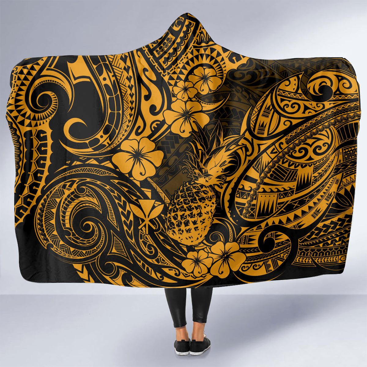 hawaii-pineapple-hooded-blanket-paradise-flowers-pacific-with-gold-polynesian-tribal