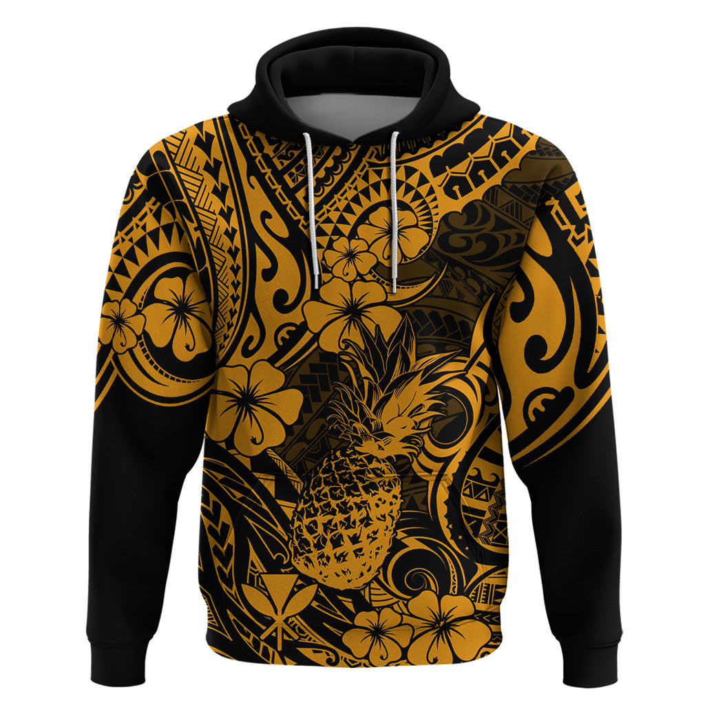 Hawaii Pineapple Hoodie Paradise Flowers Pacific With Gold Polynesian Tribal - Wonder Print Shop