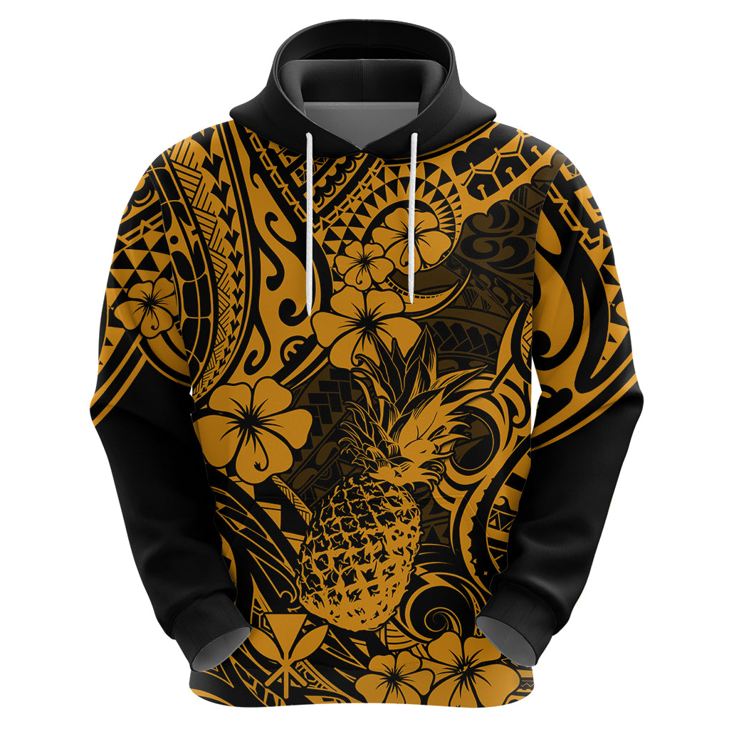 Hawaii Pineapple Hoodie Paradise Flowers Pacific With Gold Polynesian Tribal - Wonder Print Shop