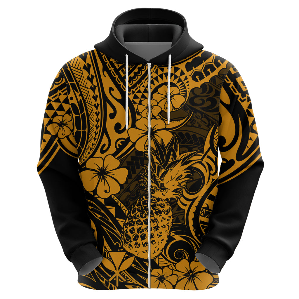 Hawaii Pineapple Hoodie Paradise Flowers Pacific With Gold Polynesian Tribal - Wonder Print Shop