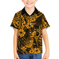 Hawaii Pineapple Kid Hawaiian Shirt Paradise Flowers Pacific With Gold Polynesian Tribal - Wonder Print Shop