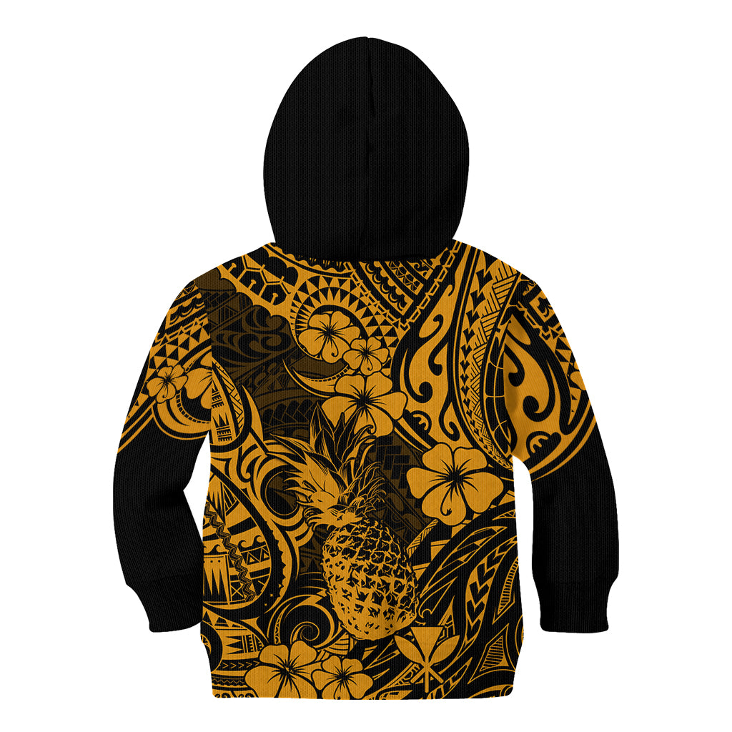 Hawaii Pineapple Kid Hoodie Paradise Flowers Pacific With Gold Polynesian Tribal - Wonder Print Shop