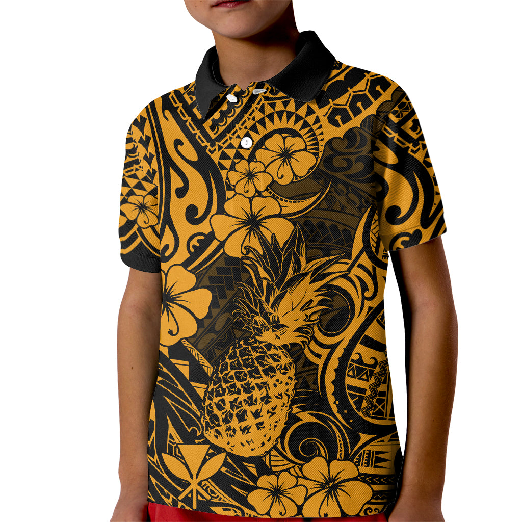 Hawaii Pineapple Kid Polo Shirt Paradise Flowers Pacific With Gold Polynesian Tribal - Wonder Print Shop