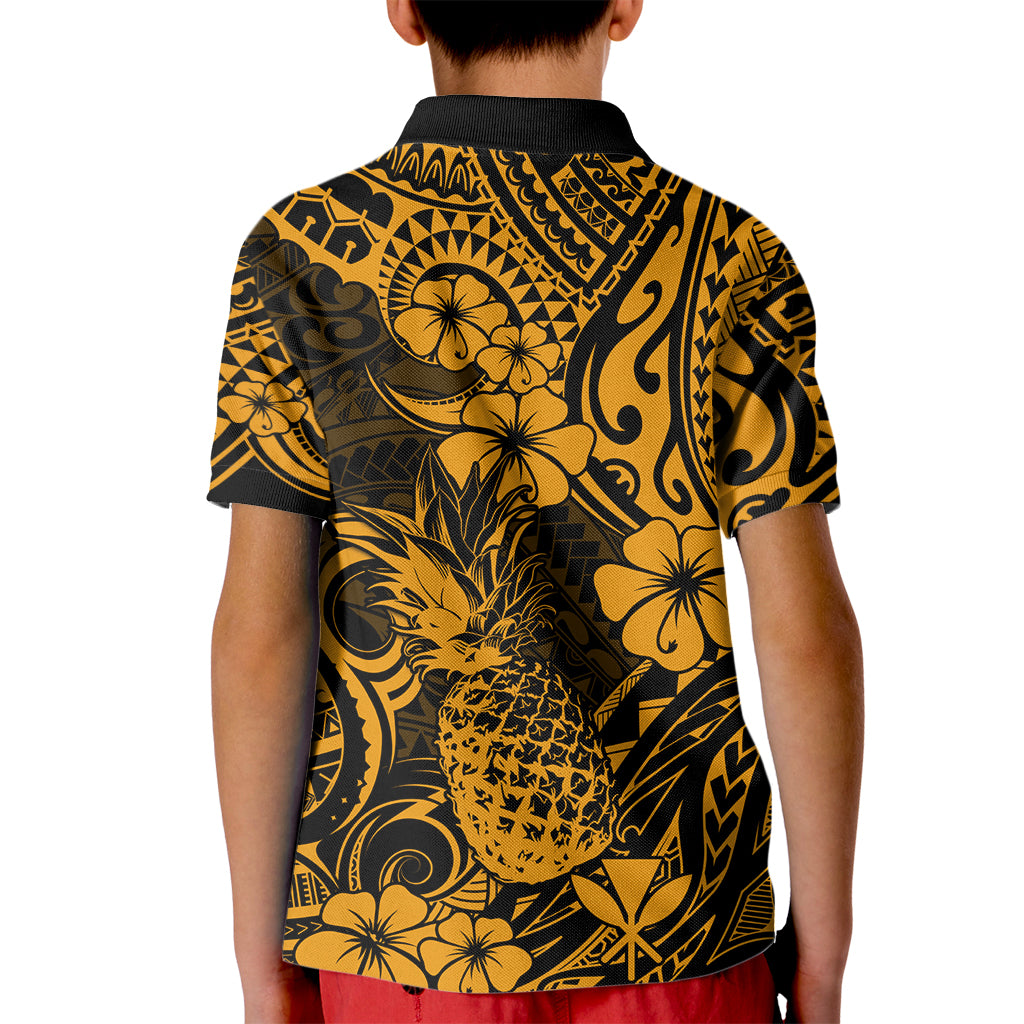 Hawaii Pineapple Kid Polo Shirt Paradise Flowers Pacific With Gold Polynesian Tribal - Wonder Print Shop
