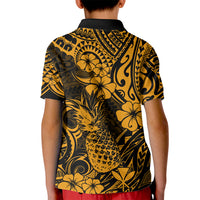 Hawaii Pineapple Kid Polo Shirt Paradise Flowers Pacific With Gold Polynesian Tribal - Wonder Print Shop