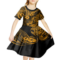 Hawaii Pineapple Kid Short Sleeve Dress Paradise Flowers Pacific With Gold Polynesian Tribal - Wonder Print Shop