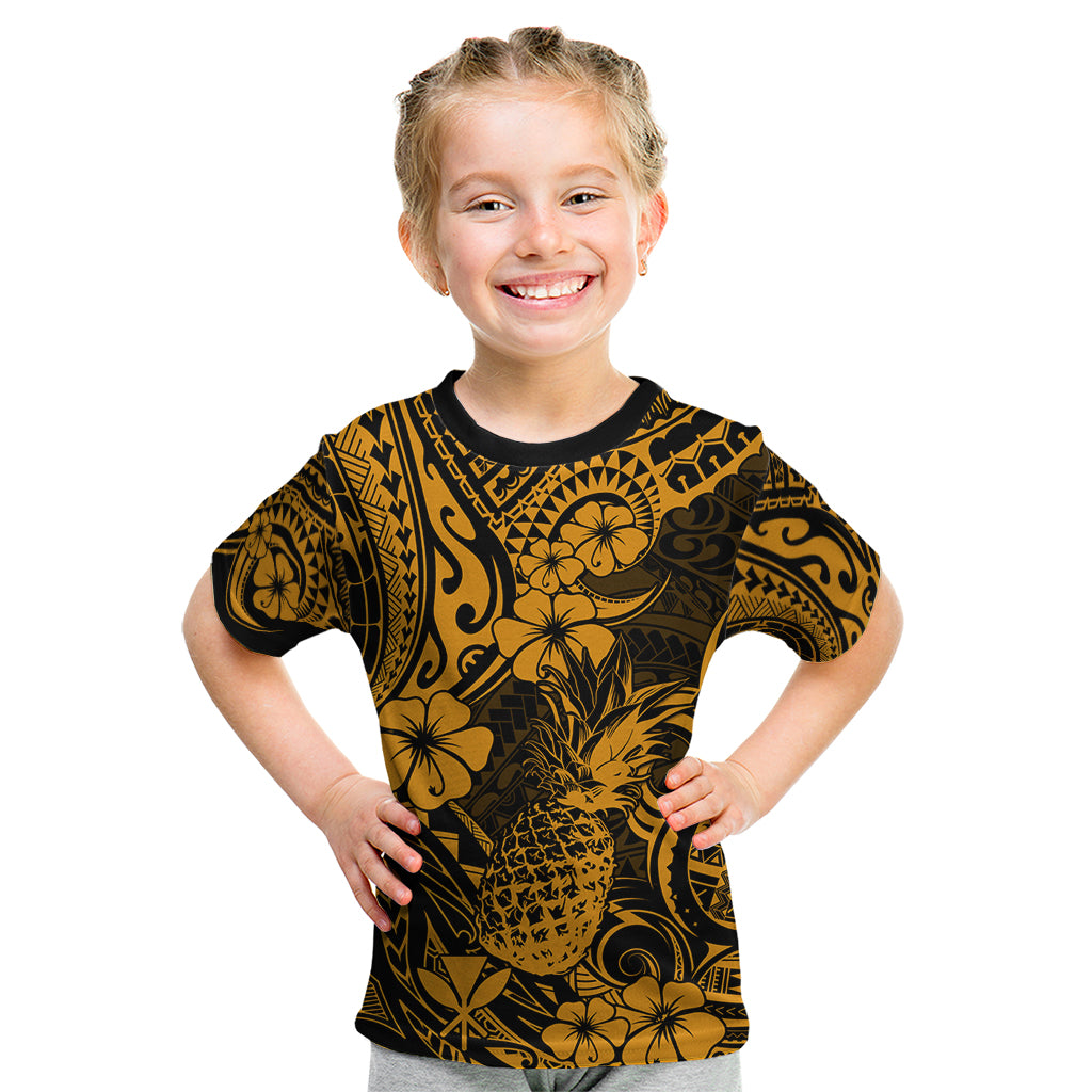 Hawaii Pineapple Kid T Shirt Paradise Flowers Pacific With Gold Polynesian Tribal - Wonder Print Shop