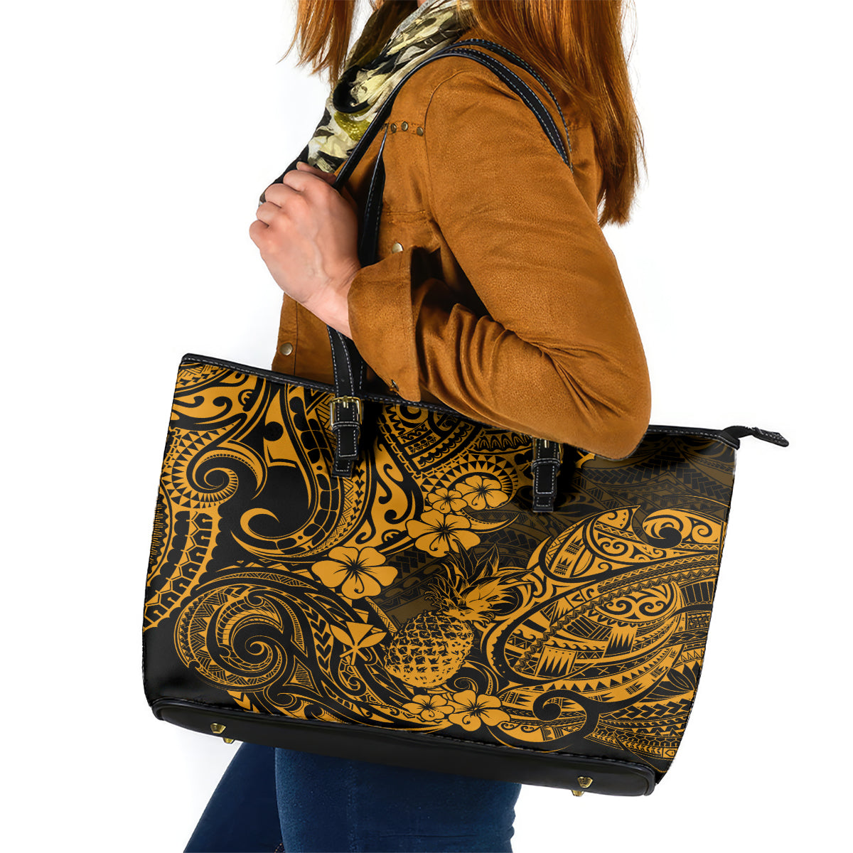 Hawaii Pineapple Leather Tote Bag Paradise Flowers Pacific With Gold Polynesian Tribal - Wonder Print Shop