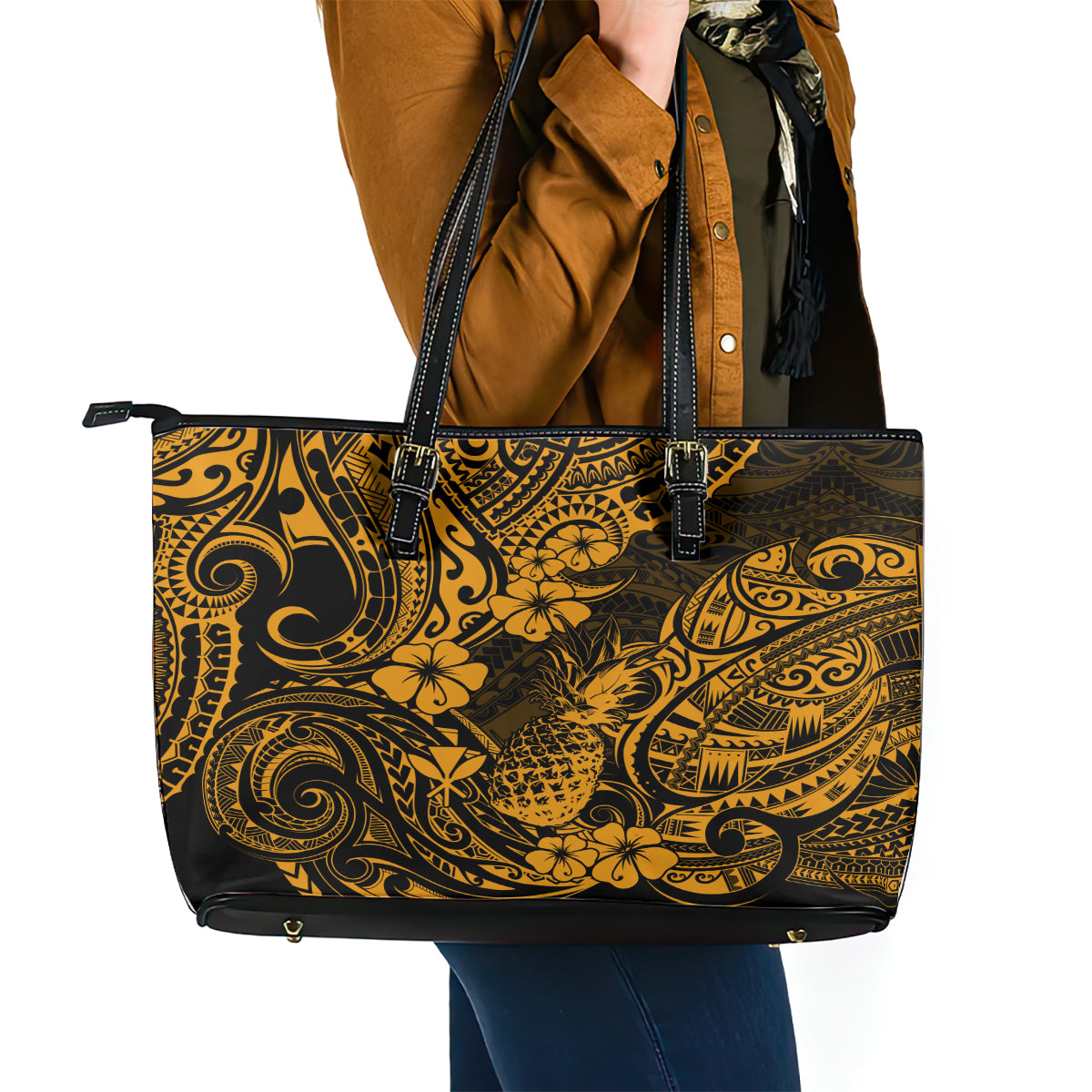 Hawaii Pineapple Leather Tote Bag Paradise Flowers Pacific With Gold Polynesian Tribal - Wonder Print Shop