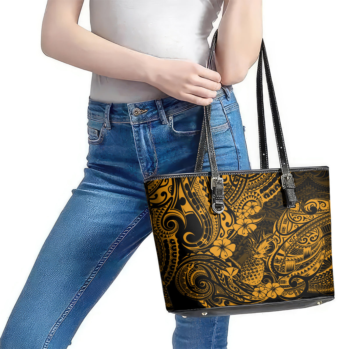 Hawaii Pineapple Leather Tote Bag Paradise Flowers Pacific With Gold Polynesian Tribal - Wonder Print Shop