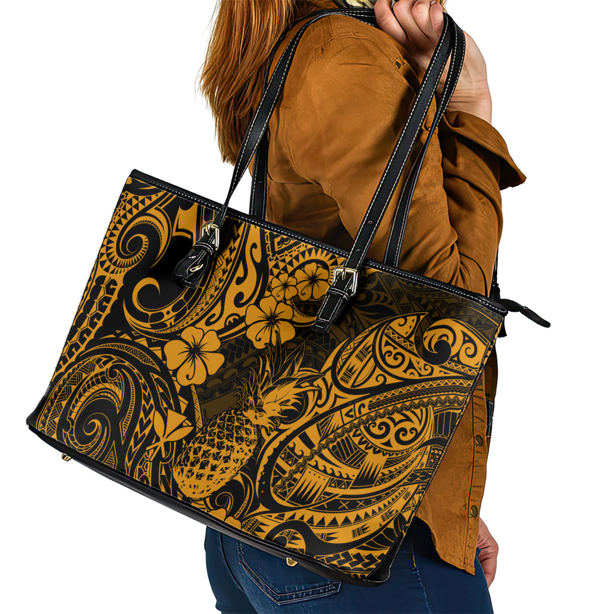 Hawaii Pineapple Leather Tote Bag Paradise Flowers Pacific With Gold Polynesian Tribal - Wonder Print Shop