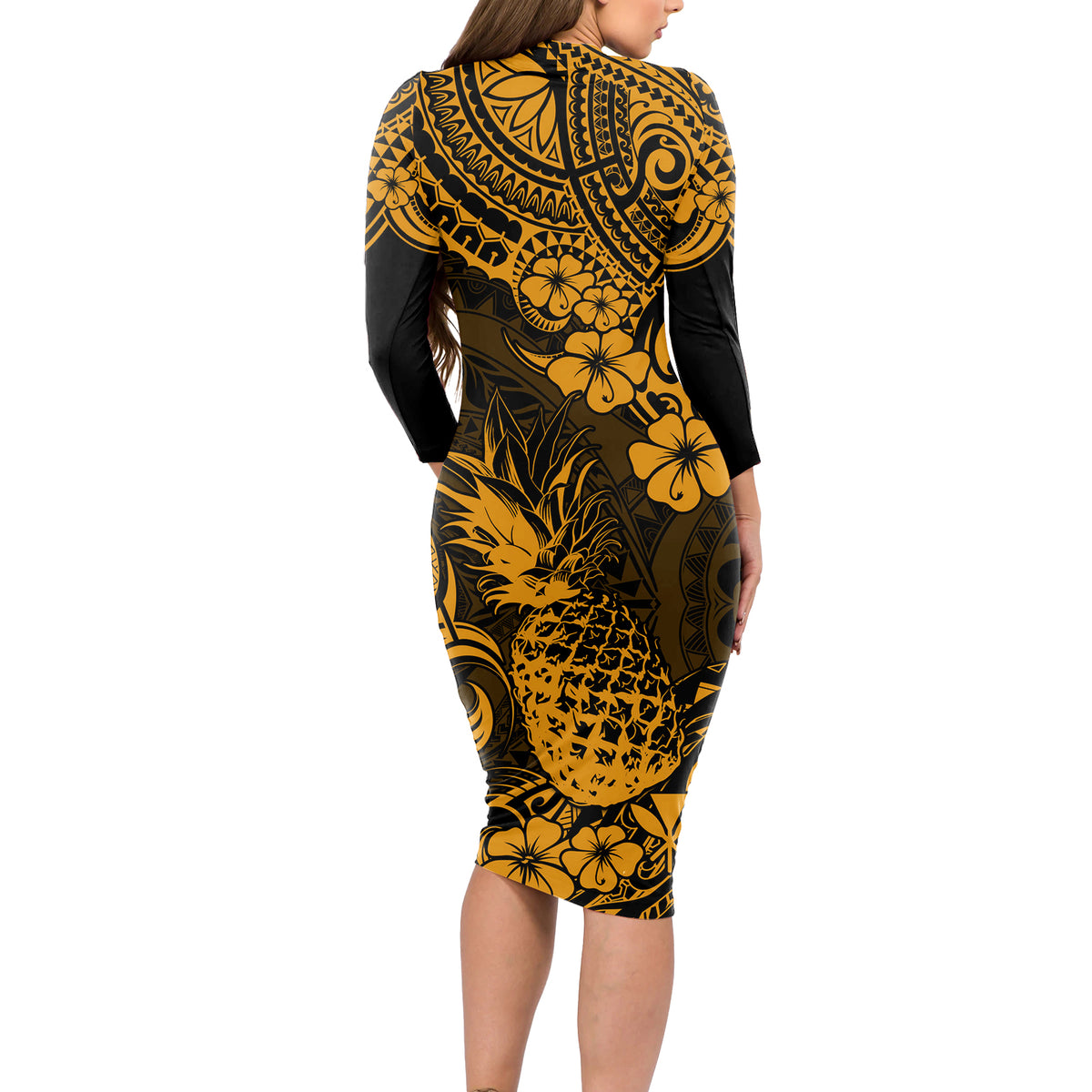 Hawaii Pineapple Long Sleeve Bodycon Dress Paradise Flowers Pacific With Gold Polynesian Tribal - Wonder Print Shop