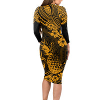 Hawaii Pineapple Long Sleeve Bodycon Dress Paradise Flowers Pacific With Gold Polynesian Tribal - Wonder Print Shop