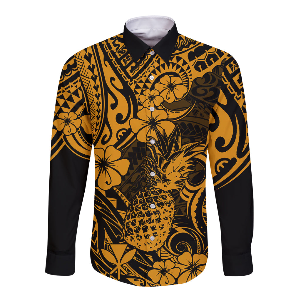 Hawaii Pineapple Long Sleeve Button Shirt Paradise Flowers Pacific With Gold Polynesian Tribal - Wonder Print Shop