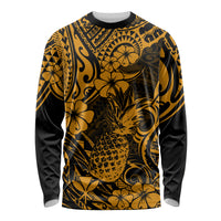 Hawaii Pineapple Long Sleeve Shirt Paradise Flowers Pacific With Gold Polynesian Tribal - Wonder Print Shop