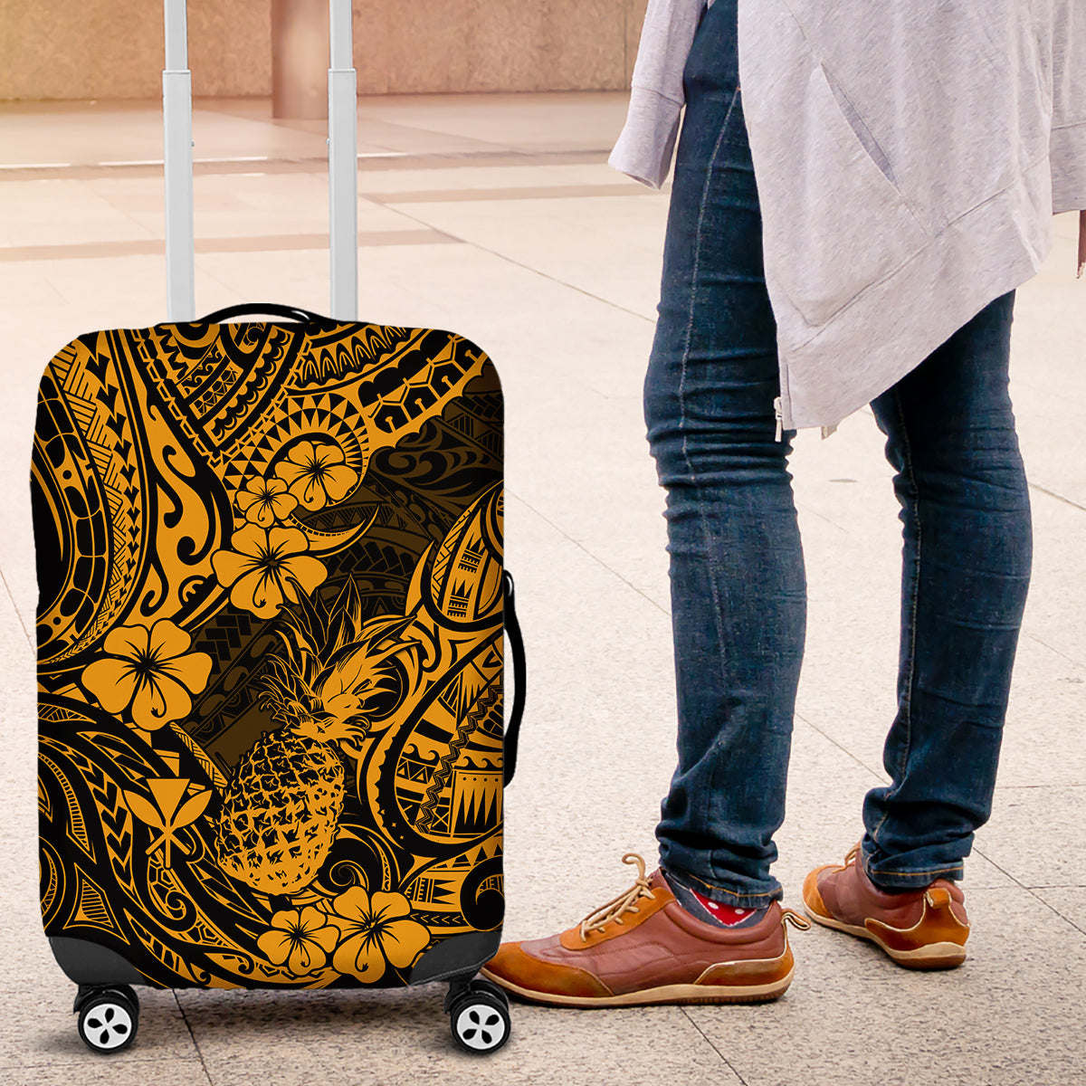 Hawaii Pineapple Luggage Cover Paradise Flowers Pacific With Gold Polynesian Tribal - Wonder Print Shop