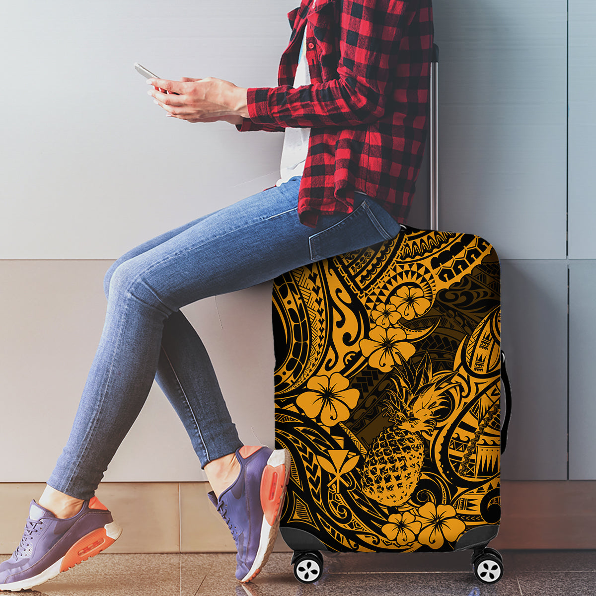 Hawaii Pineapple Luggage Cover Paradise Flowers Pacific With Gold Polynesian Tribal - Wonder Print Shop