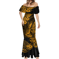 Hawaii Pineapple Mermaid Dress Paradise Flowers Pacific With Gold Polynesian Tribal - Wonder Print Shop