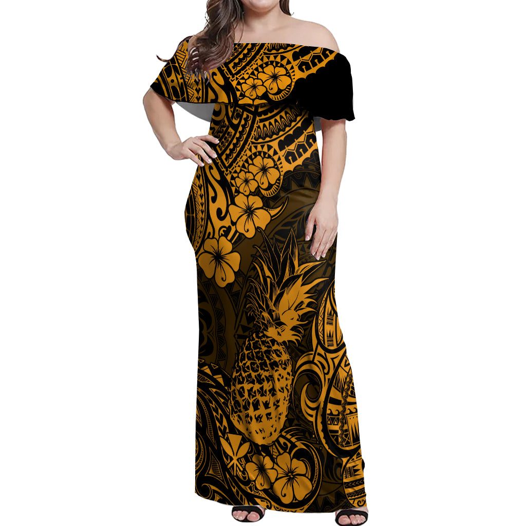 Hawaii Pineapple Off Shoulder Maxi Dress Paradise Flowers Pacific With Gold Polynesian Tribal - Wonder Print Shop