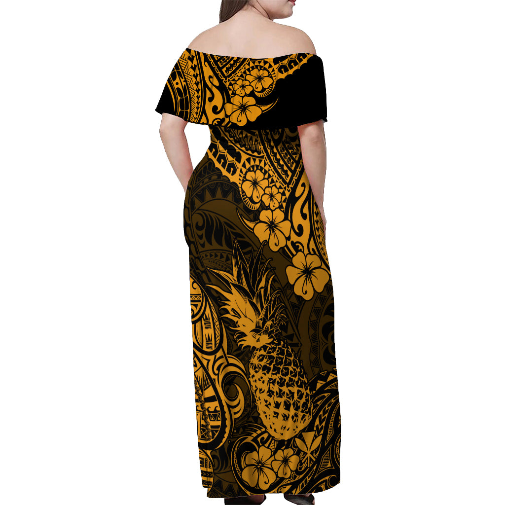 Hawaii Pineapple Off Shoulder Maxi Dress Paradise Flowers Pacific With Gold Polynesian Tribal - Wonder Print Shop