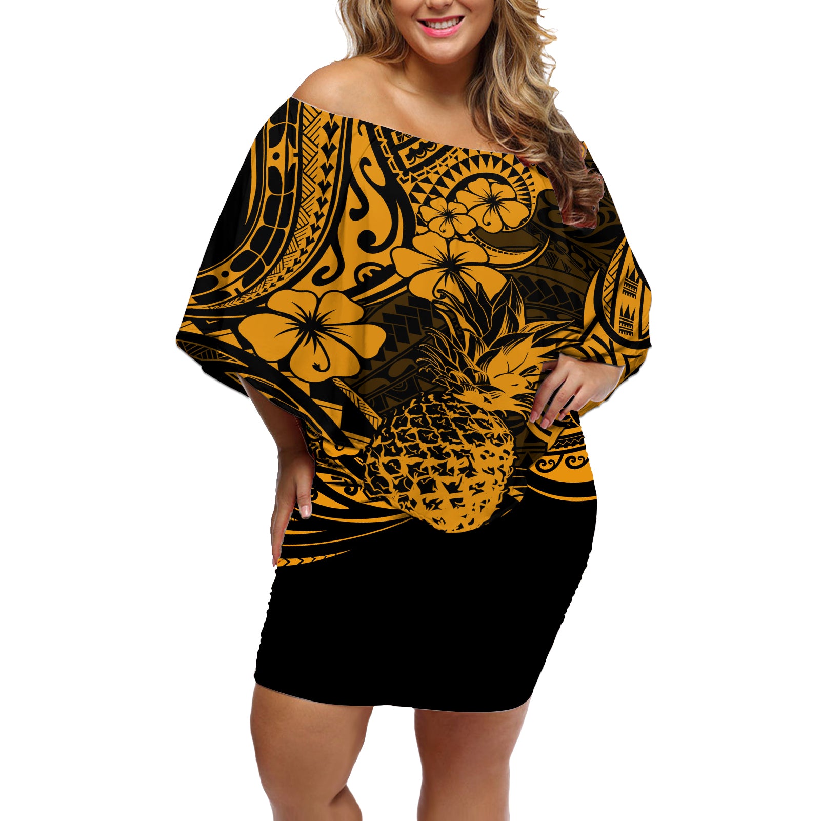 Hawaii Pineapple Off Shoulder Short Dress Paradise Flowers Pacific With Gold Polynesian Tribal - Wonder Print Shop