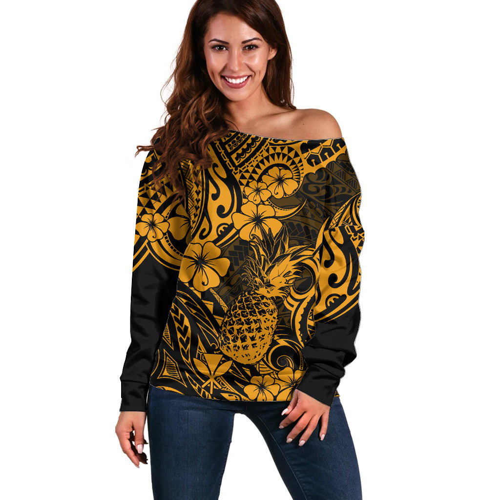 Hawaii Pineapple Off Shoulder Sweater Paradise Flowers Pacific With Gold Polynesian Tribal - Wonder Print Shop