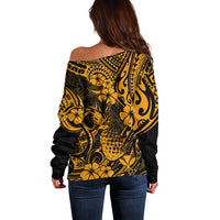 Hawaii Pineapple Off Shoulder Sweater Paradise Flowers Pacific With Gold Polynesian Tribal - Wonder Print Shop