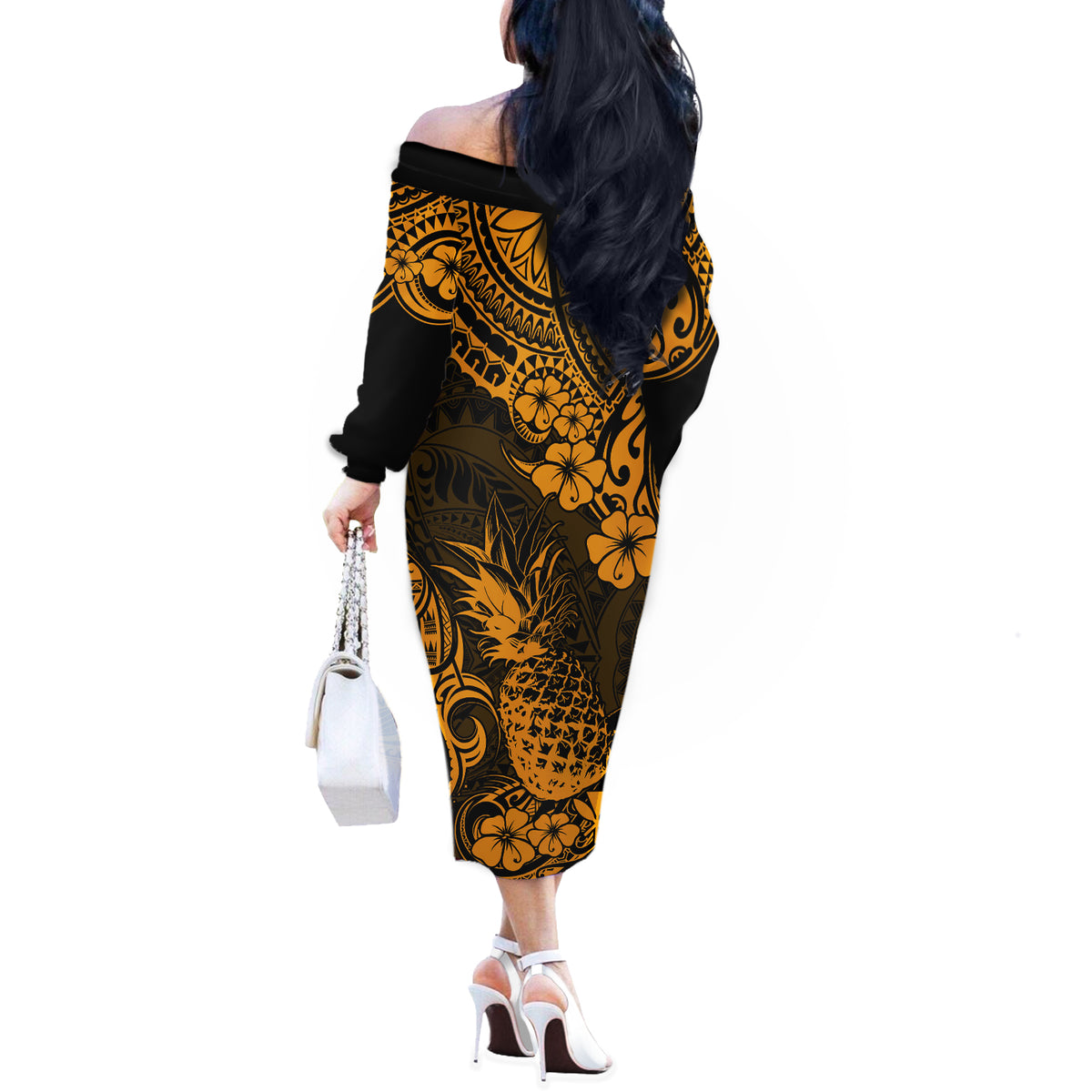 Hawaii Pineapple Off The Shoulder Long Sleeve Dress Paradise Flowers Pacific With Gold Polynesian Tribal - Wonder Print Shop