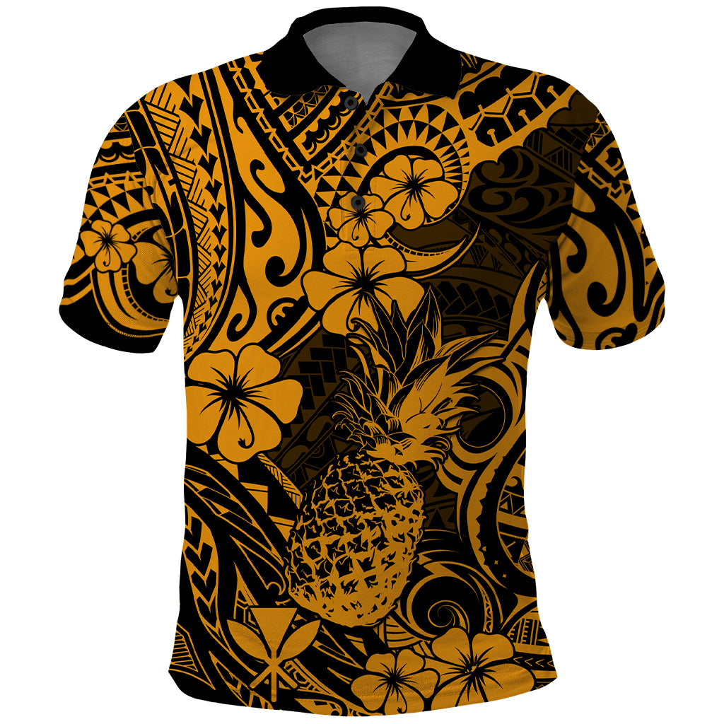 Hawaii Pineapple Polo Shirt Paradise Flowers Pacific With Gold Polynesian Tribal - Wonder Print Shop