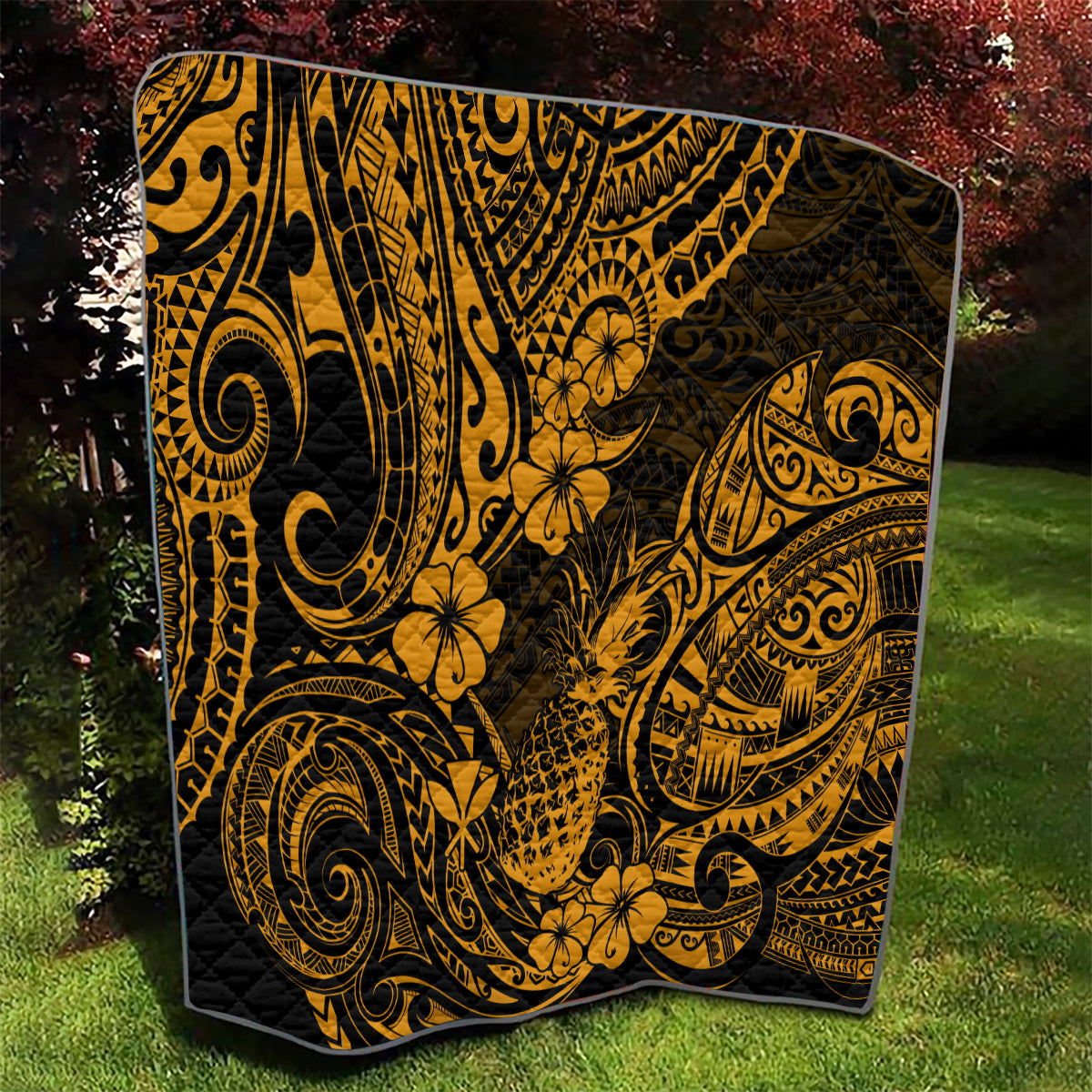 Hawaii Pineapple Quilt Paradise Flowers Pacific With Gold Polynesian Tribal - Wonder Print Shop