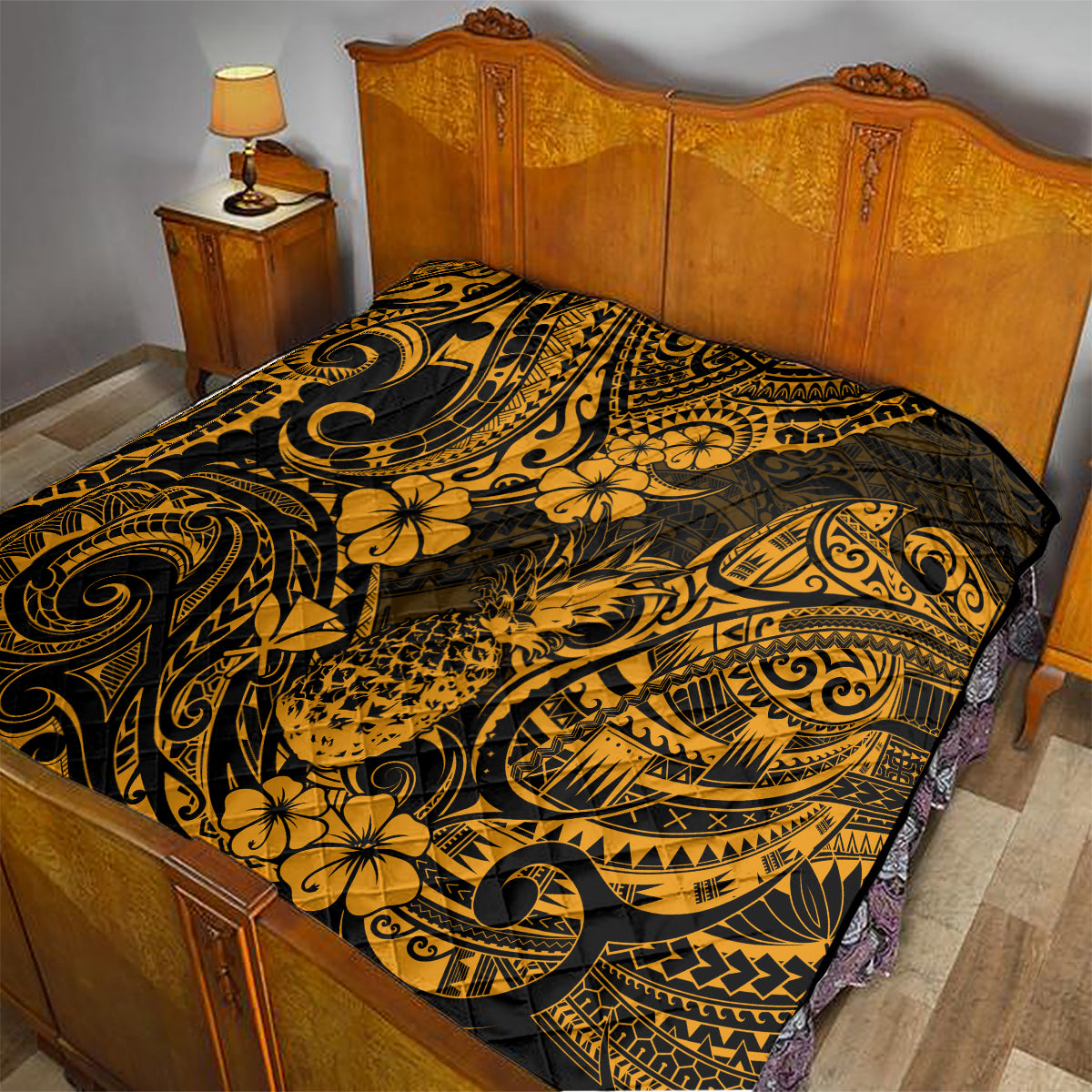 Hawaii Pineapple Quilt Paradise Flowers Pacific With Gold Polynesian Tribal - Wonder Print Shop