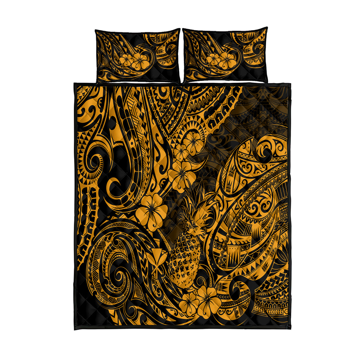 Hawaii Pineapple Quilt Bed Set Paradise Flowers Pacific With Gold Polynesian Tribal - Wonder Print Shop