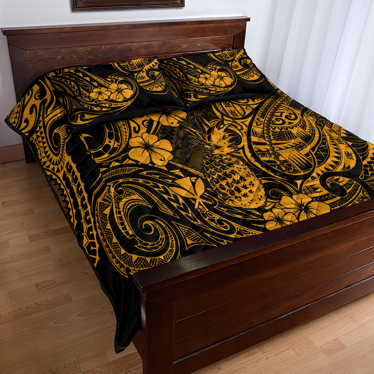 Hawaii Pineapple Quilt Bed Set Paradise Flowers Pacific With Gold Polynesian Tribal - Wonder Print Shop