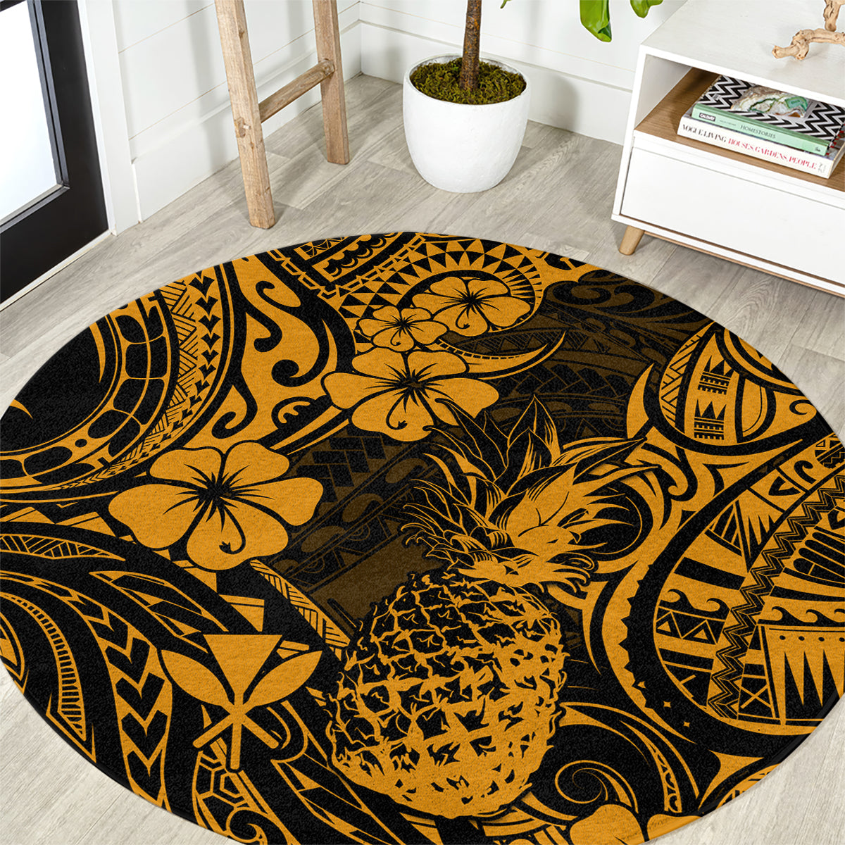 hawaii-pineapple-round-carpet-paradise-flowers-pacific-with-gold-polynesian-tribal