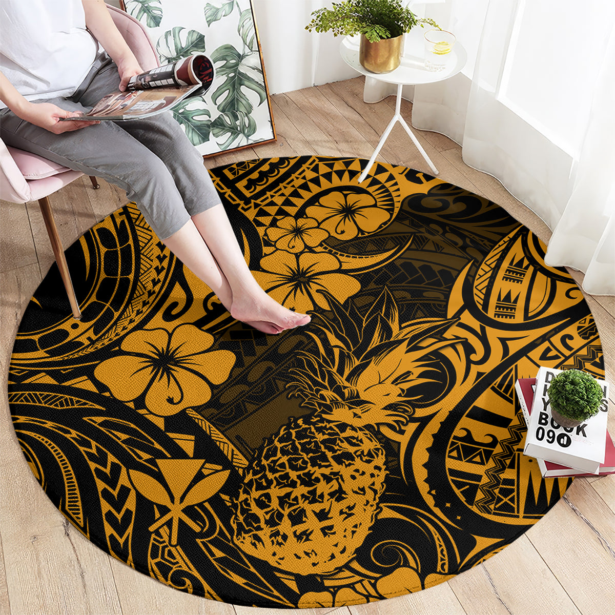 hawaii-pineapple-round-carpet-paradise-flowers-pacific-with-gold-polynesian-tribal