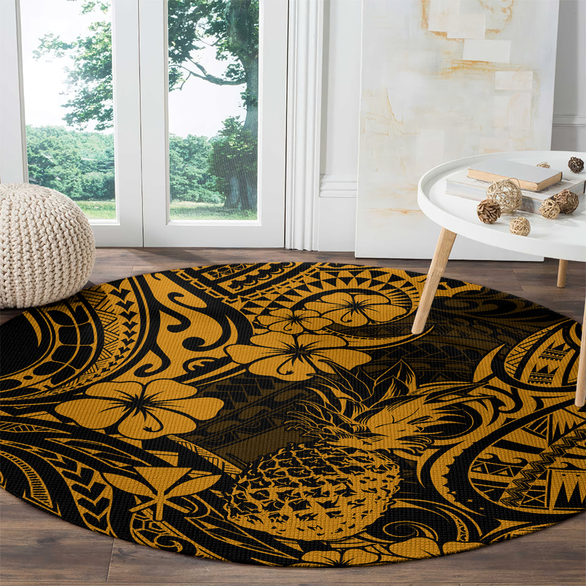 hawaii-pineapple-round-carpet-paradise-flowers-pacific-with-gold-polynesian-tribal