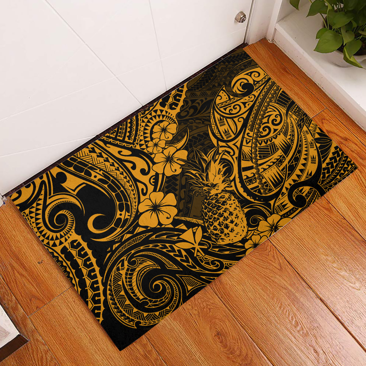 Hawaii Pineapple Rubber Doormat Paradise Flowers Pacific With Gold Polynesian Tribal - Wonder Print Shop