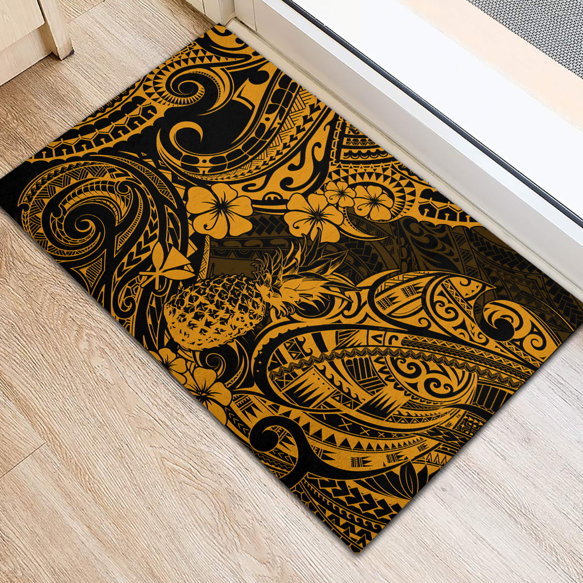 Hawaii Pineapple Rubber Doormat Paradise Flowers Pacific With Gold Polynesian Tribal - Wonder Print Shop